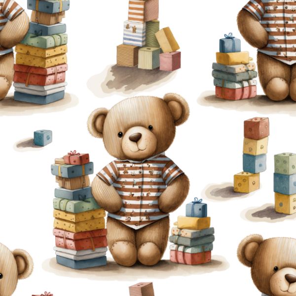Panel - Spielzeugkiste/Gestepptes Ortalion Teddybär mit Würfeln