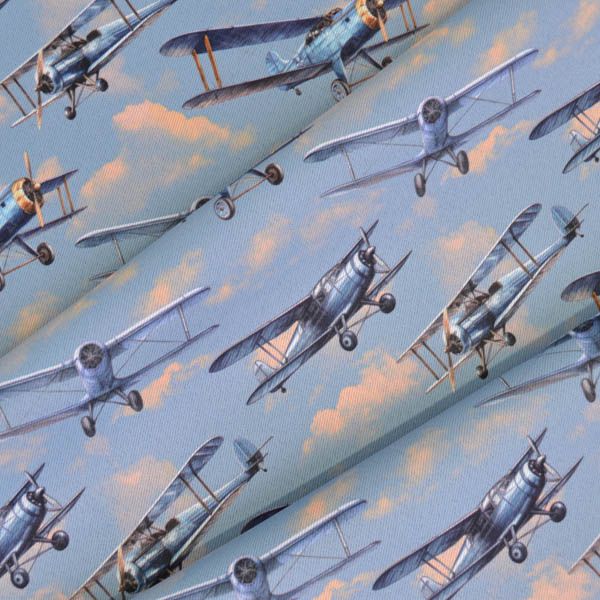 Panel Kindermesslatte / Wasserabweisender Polyester retro Flugzeuge blau