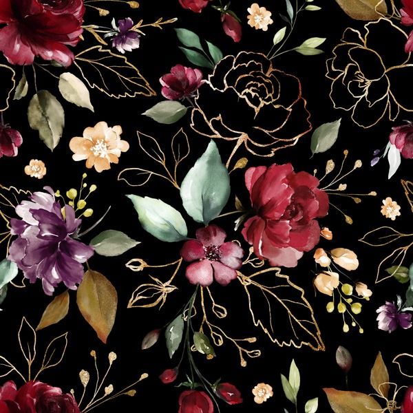 Panel mit Schnittmuster Softshelljacke für Damen Gr.46 goldene Blumen schwarz