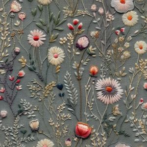 Polyester - Gabardine/Rongo bestickte Wiesenblumen - Imitation, grau Antonia