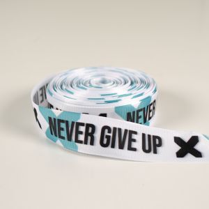 Webband 25mm Motivationstexte – Never give up , blau