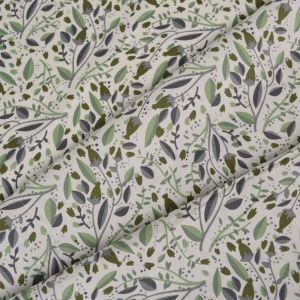 Baumwollpopeline Zoya weiß – grüne Blätter
